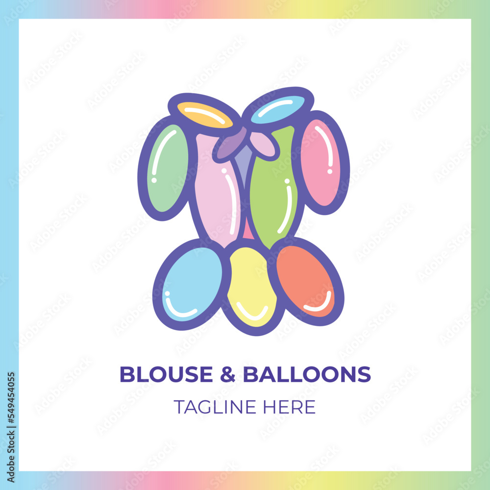 Children or girly teens apparel themed logo with blouse and balloons concept decorations. Kids logo icon with simple clean flat art style and multicolored. Isolated on white background. Children or girly teens apparel themed logo with blouse and balloons concept decorations. Kids logo icon with simple clean flat art style and multicolored. Isolated on white background.