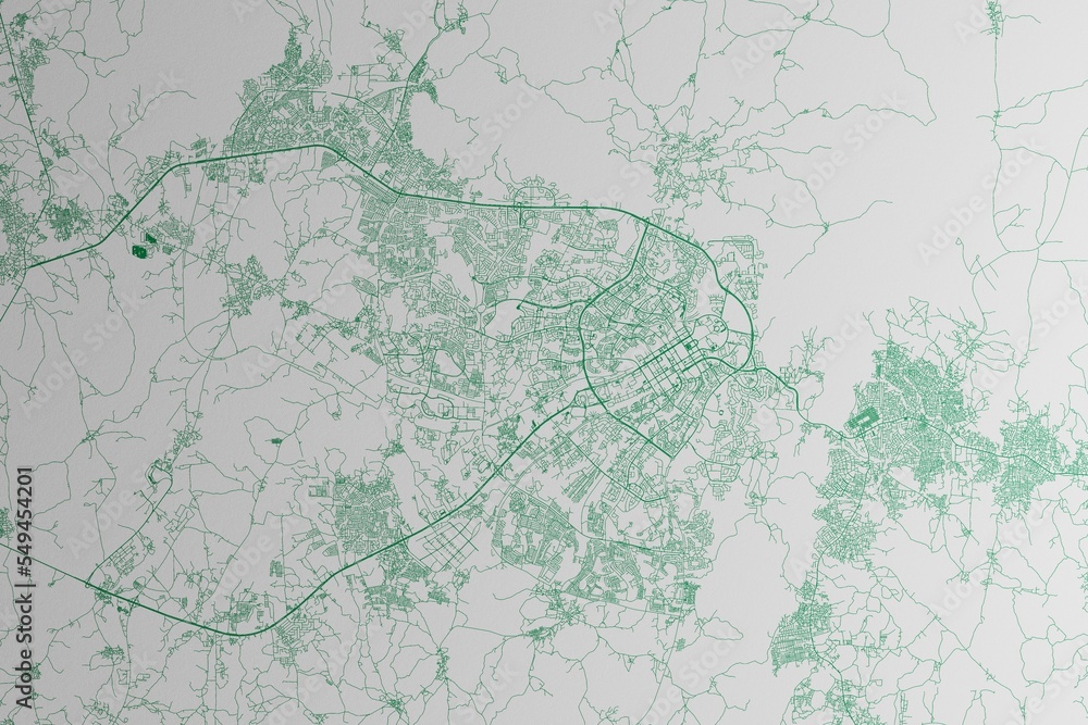 Map of the streets of Abuja (Nigeria) made with green lines on white paper. 3d render, illustration