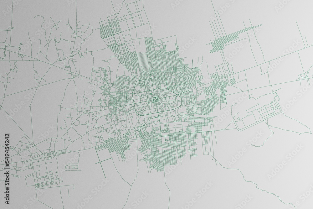 Map of the streets of Mazar-i-Sharif (Afghanistan) made with green lines on white paper. 3d render, illustration