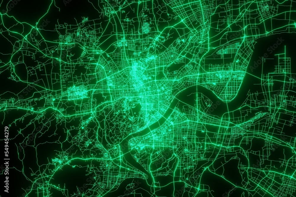 Map of the streets of Hangzhou (China) made with green illumination and glow effect. Top view on roads network. 3d render, illustration