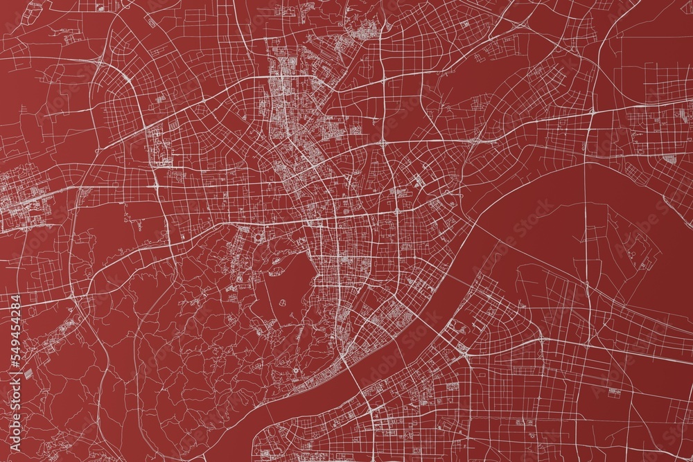 Fototapeta premium Map of the streets of Hangzhou (China) made with white lines on red background. Top view. 3d render, illustration