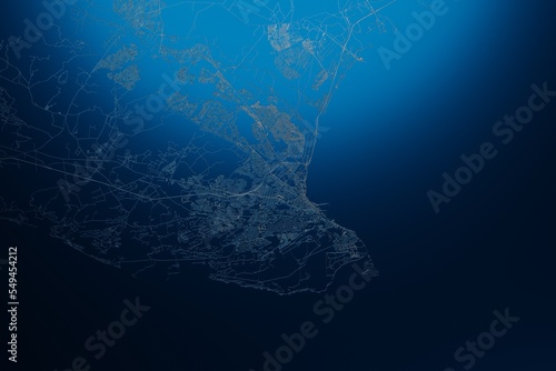 Street map of Port Elizabeth (South Africa) engraved on blue metal background. View with light coming from top. 3d render, illustration
