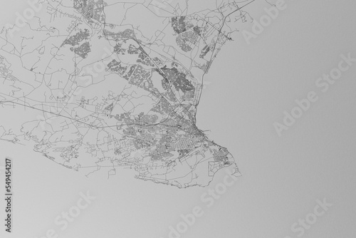 Map of the streets of Port Elizabeth (South Africa) made with black lines on grey paper. Top view. 3d render, illustration