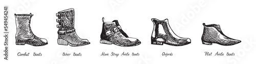 Combat Boots, Biker Boots, Monk Strap Ankle Boot, Oxfords, Flat Ankle Boots, isolated hand drawn outline doodle, sketch, black and white illustration with inscription, boots set collection