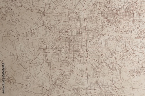 Map of Foshan  China  on an old vintage sheet of paper. Retro style grunge paper with light coming from right. 3d render