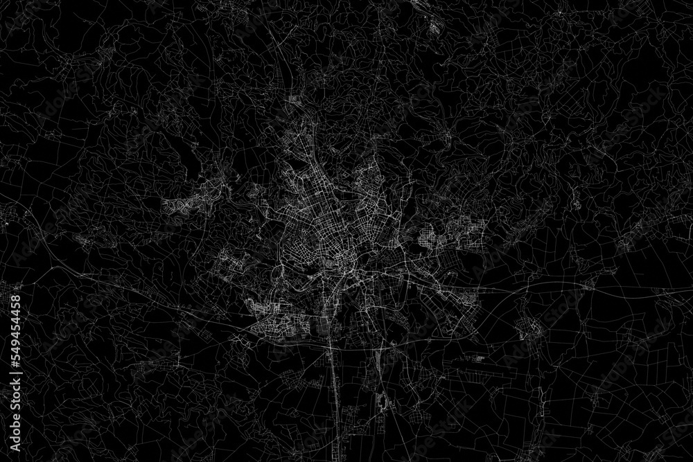 Stylized map of the streets of Brno (Czechia) made with white lines on black background. Top view. 3d render, illustration