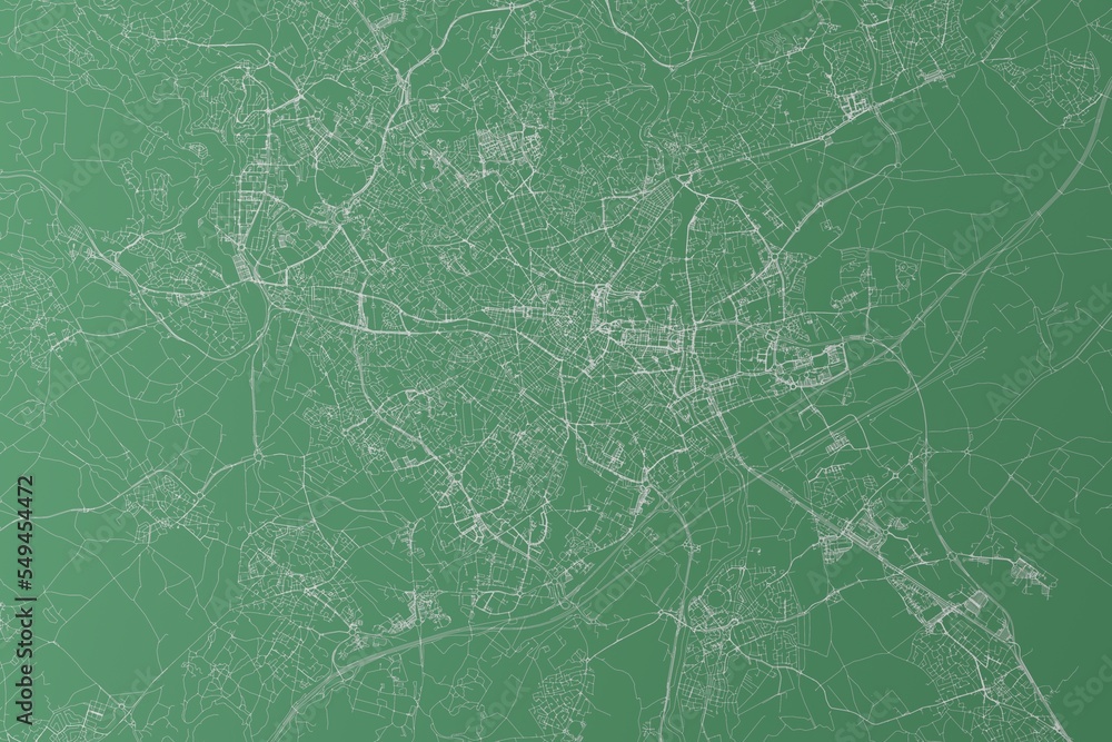 Stylized map of the streets of Montpellier (France) made with white lines on green background. Top view. 3d render, illustration