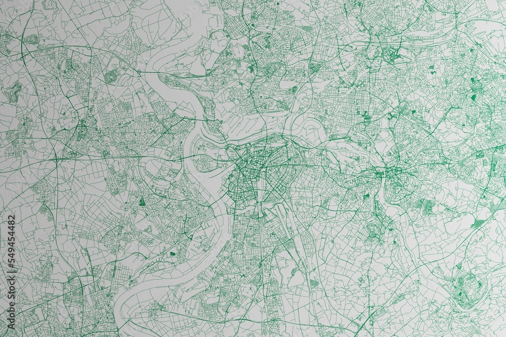 Map of the streets of Duisburg (Germany) made with green lines on white paper. 3d render, illustration
