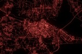 Street map of Haifon (Vietnam) made with red illumination and glow effect. Top view on roads network. 3d render, illustration