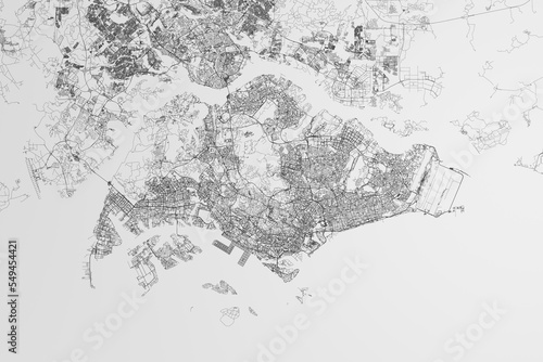 Map of the streets of Singapore on white background. 3d render, illustration