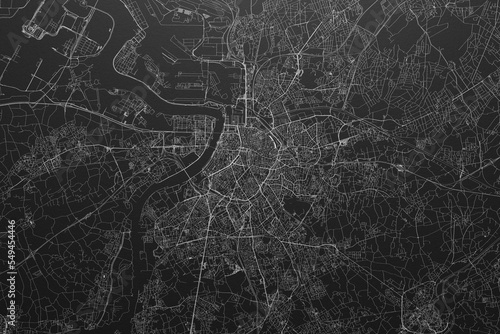 Street map of Antwerp (Belgium) on black paper with light coming from top