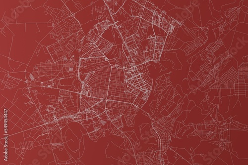 Map of the streets of Gomel (Belarus) made with white lines on red background. Top view. 3d render, illustration