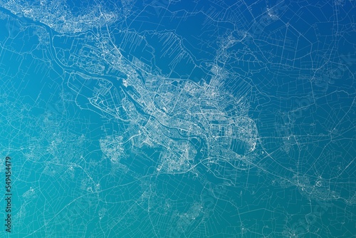 Map of the streets of Bremen (Germany) made with white lines on greenish blue gradient background. 3d render, illustration