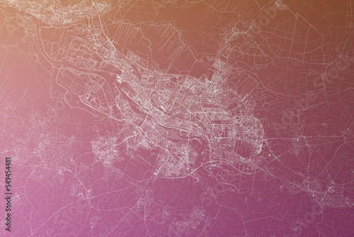Map of the streets of Bremen  Germany  made with white lines on pinkish red gradient background. Top view. 3d render  illustration