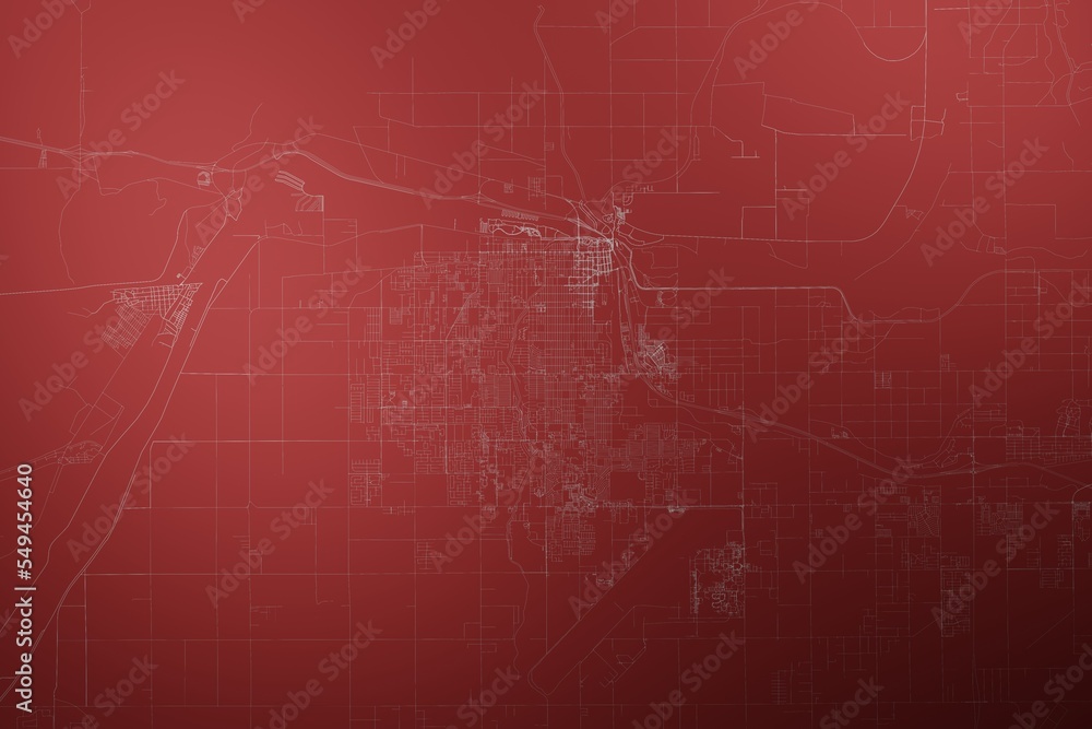 Map of the streets of Yuma (Arizona, USA) made with white lines on abstract red background lit by two lights. Top view. 3d render, illustration