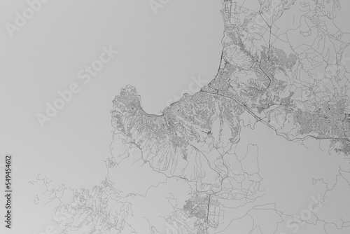 Map of the streets of Valparaiso (Chile) made with black lines on grey paper. Top view. 3d render, illustration photo