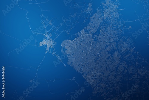 Stylized map of the streets of Asuncion (Paraguay) made with white lines on abstract blue background lit by two lights. Top view. 3d render, illustration