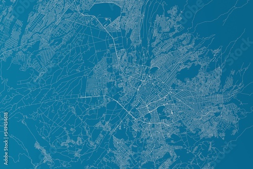Map of the streets of Arequipa (Peru) made with white lines on blue background. 3d render, illustration