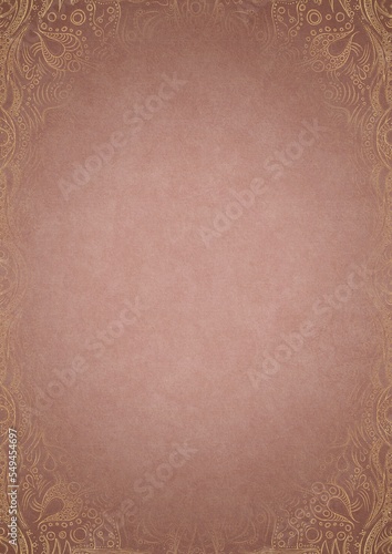 Pale pink textured paper with vignette of golden hand-drawn pattern on a darker background color. Copy space. Digital artwork, A4. (pattern: p09d)