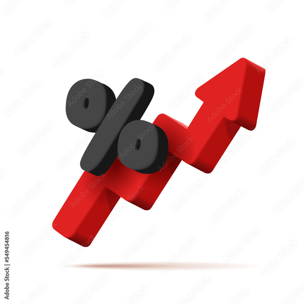 3d icon of graphic red arrow up shape and percent sign, discount banner 3d icon of graphic red arrow up shape and percent sign, discount banner
