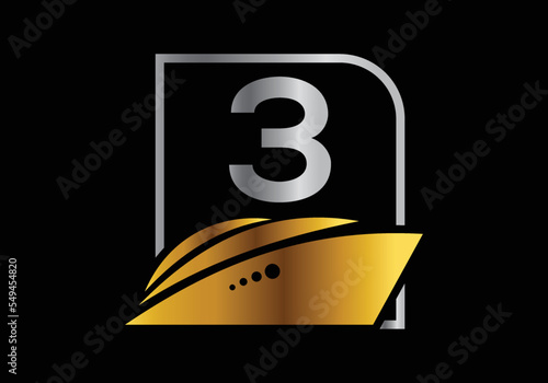 Letter 3 with the ship, cruise, or boat logo design template, icon sign symbol ocean waves vector illustration.