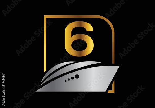 Letter 6 with the ship, cruise, or boat logo design template, icon sign symbol ocean waves vector illustration.