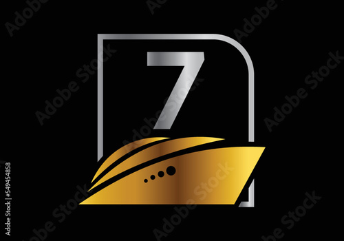 Letter 7 with the ship, cruise, or boat logo design template, icon sign symbol ocean waves vector illustration.