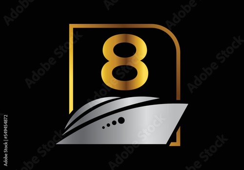 Letter 8 with the ship, cruise, or boat logo design template, icon sign symbol ocean waves vector illustration.