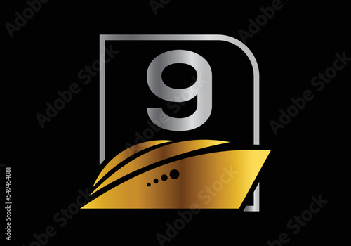 Letter 9 with the ship, cruise, or boat logo design template, icon sign symbol ocean waves vector illustration.
