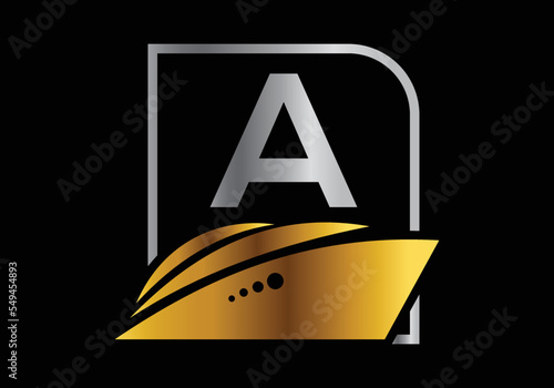 Letter A with the ship, cruise, or boat logo design template, icon sign symbol ocean waves vector illustration.