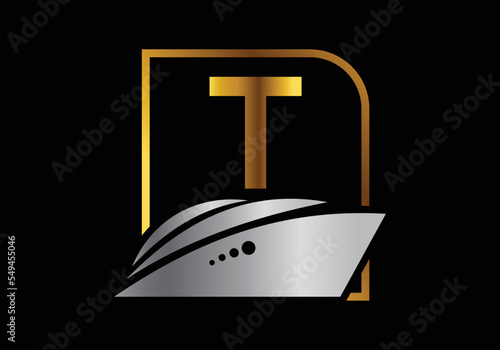 Letter T with the ship, cruise, or boat logo design template, icon sign symbol ocean waves vector illustration.