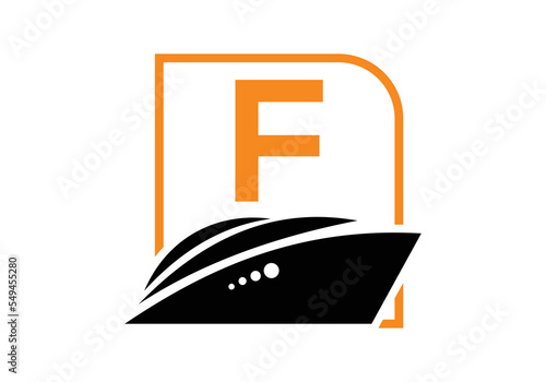 Letter F with the ship, cruise, or boat logo design template, icon sign symbol ocean waves vector illustration.