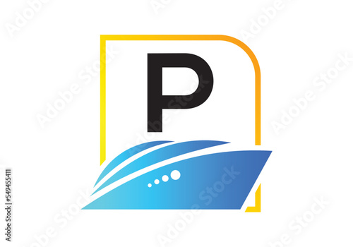 Letter P with the ship, cruise, or boat logo design template, icon sign symbol ocean waves vector illustration.