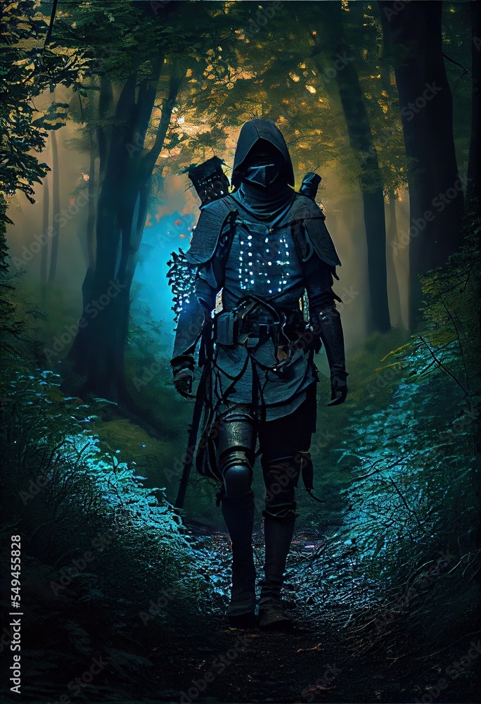 fantasy character traveler in forest with fog fantasy character traveler in forest with fog