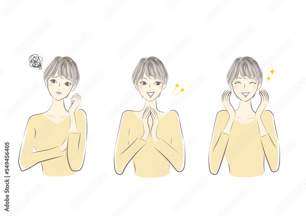 女性　悩み　喜び　笑顔　イラストセット