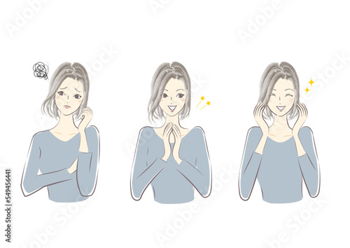 女性　悩み　喜び　笑顔　イラストセット