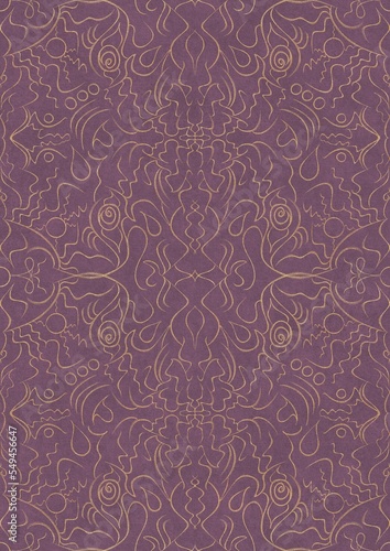 Hand-drawn unique abstract symmetrical seamless gold ornament on a purple background. Paper texture. Digital artwork, A4. (pattern: p07-1d)