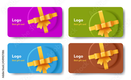 Gift card voucher with round gift box top view with golden ribbon, isolated in different colors