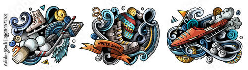 Winter sports cartoon vector doodle designs set.
