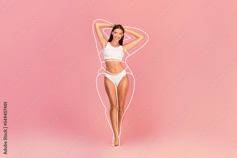 Liposuction Result. Young beautiful woman with slim body posing in underwear - obrazy, fototapety, plakaty 