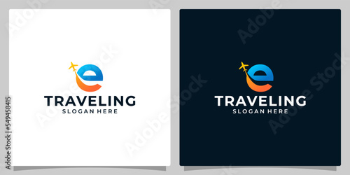 Initial letter e logo design template with Air travel graphic design. Travel vector illustration. Plane icon, symbol, creative.