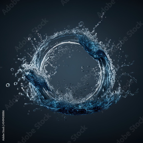 Water splash circle shape top view front view with bubbles and drops 