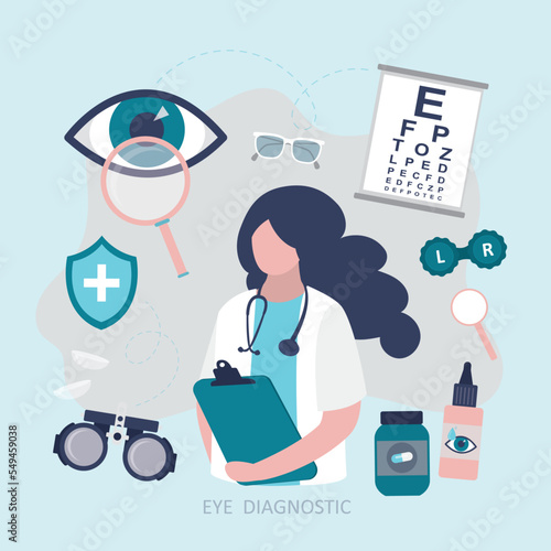 Set of various ophthalmological tools for vision testing. Ophthalmologist doctor treats diseases of eyes. Specialist conducts vision diagnostics. Vision correction and healthcare.
