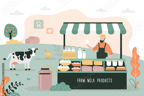 Local dairy shop. Ecological food on store counter. Assortment of milk, sour cream, yogurt and eggs in small market. Male seller in farmer kiosk. Rural view, farmland, ranch.