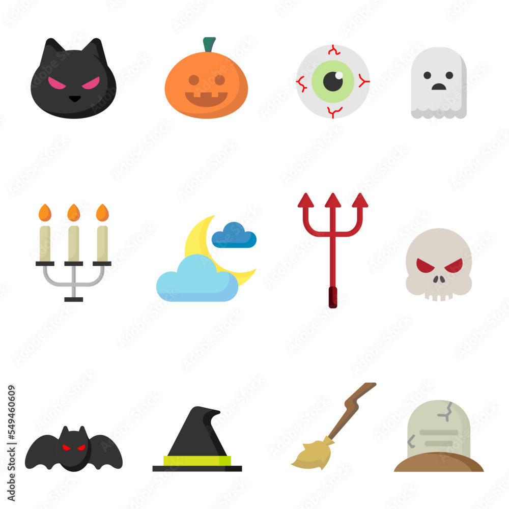Halloween icons. holiday symbols, moon and spider, pumpkin, ghost and bat. candy, skull and gravestone Halloween icons. holiday symbols, moon and spider, pumpkin, ghost and bat. candy, skull and gravestone