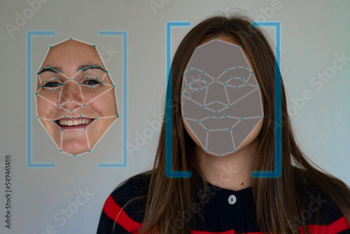 Deepfake concept matching facial movements with a different face of another woman in a photo. Face swapping or impersonation.
