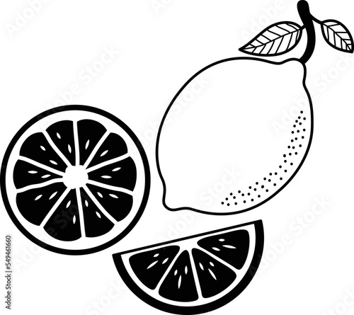 Lemon fruit Clipart, Lemon fruit slice Clipart  . Black and White style