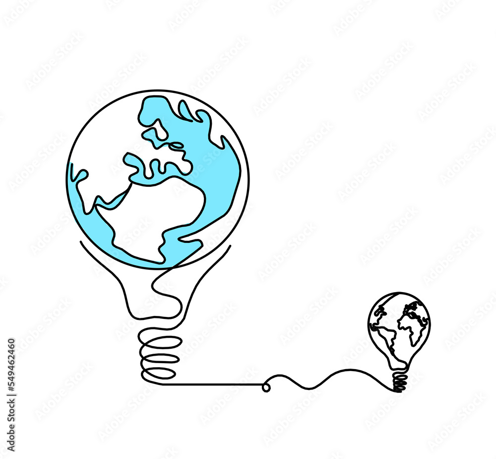 Abstract planet Earth in light bulb and light bulb as line drawing on white as background Abstract planet Earth in light bulb and light bulb as line drawing on white as background