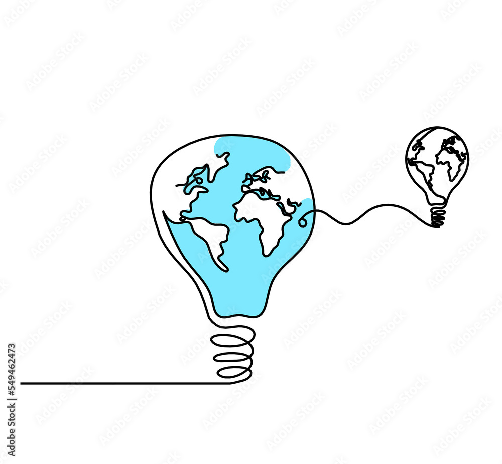 Abstract planet Earth in light bulb and light bulb as line drawing on white as background Abstract planet Earth in light bulb and light bulb as line drawing on white as background