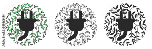 Electric plug decorated with a round natural pattern of sprouts, leaves, twigs. Symbol of ecological power supply. Renewable electricity.